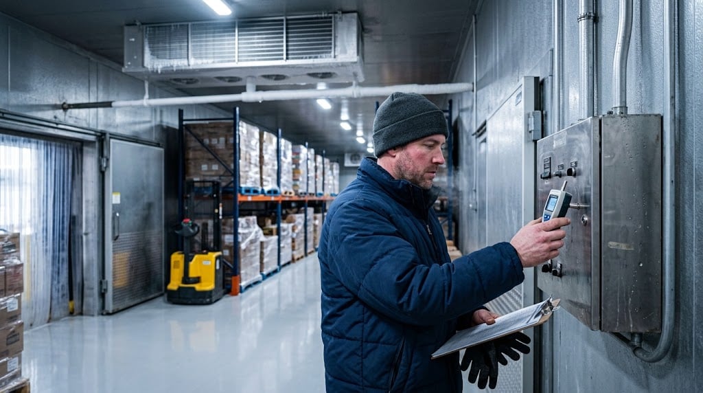 A worker in cold-weather gear uses a handheld meter to check a control panel near a cold storage loading area, with frost visible on an overhead evaporator unit and pallets of goods in the background