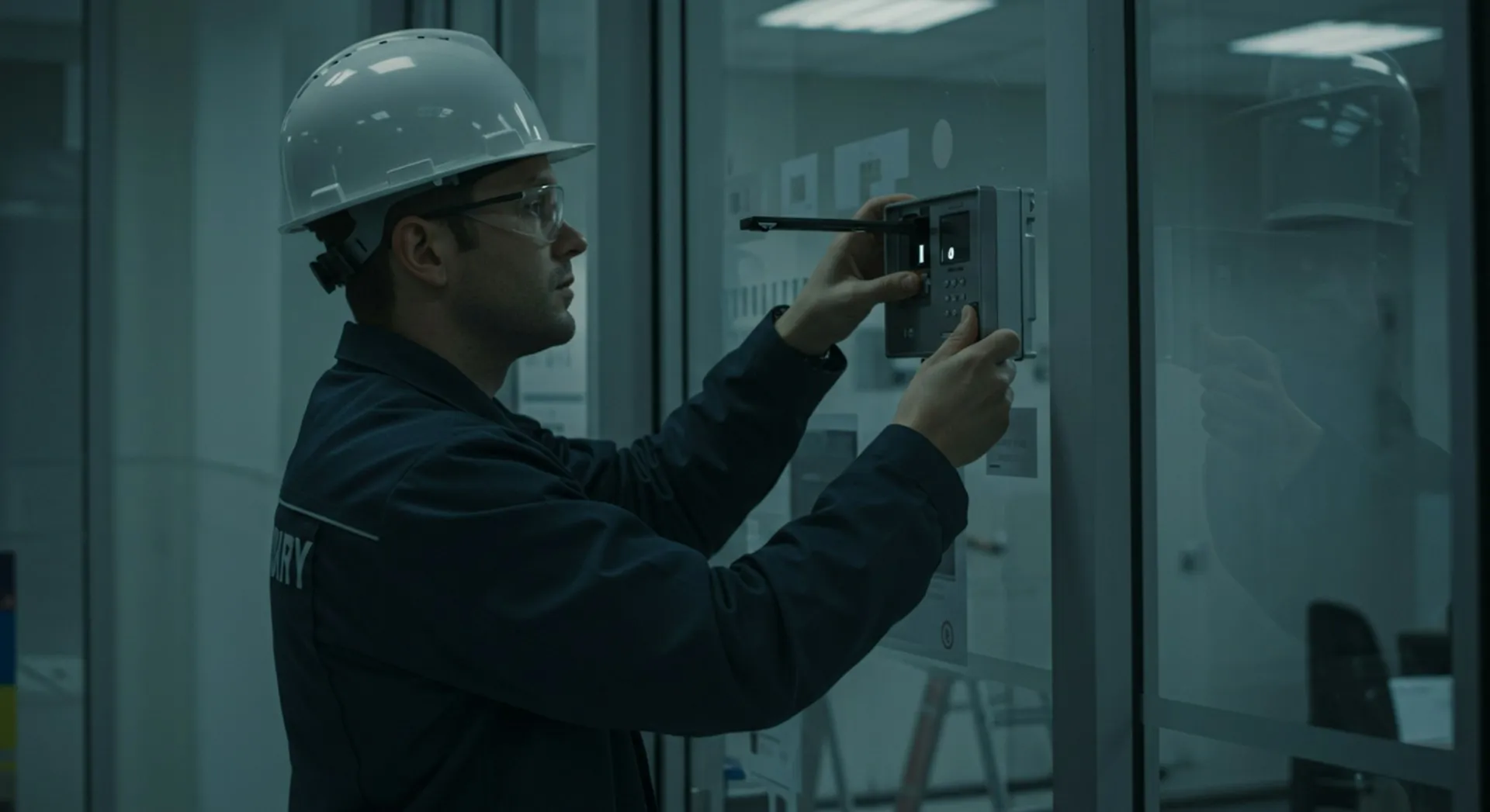 Technician in a hard hat taking a moisture meter reading on an office wall panel during commercial mold testing