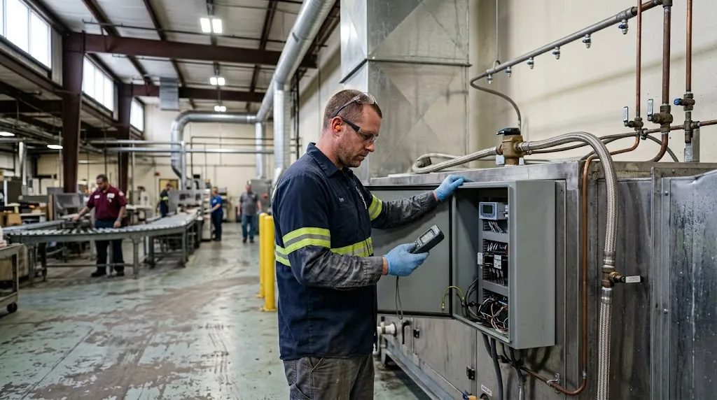 A technician wearing safety glasses and gloves uses a handheld meter to check readings on an electrical control panel inside an industrial facility