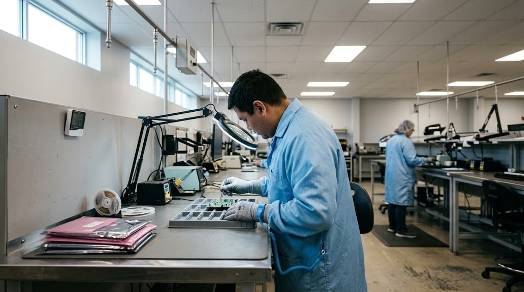 A technician in an ESD smock and wrist strap solders components at an electronics assembly workstation, with anti-static shielding bags on the bench and another worker on an ESD floor mat in the background.