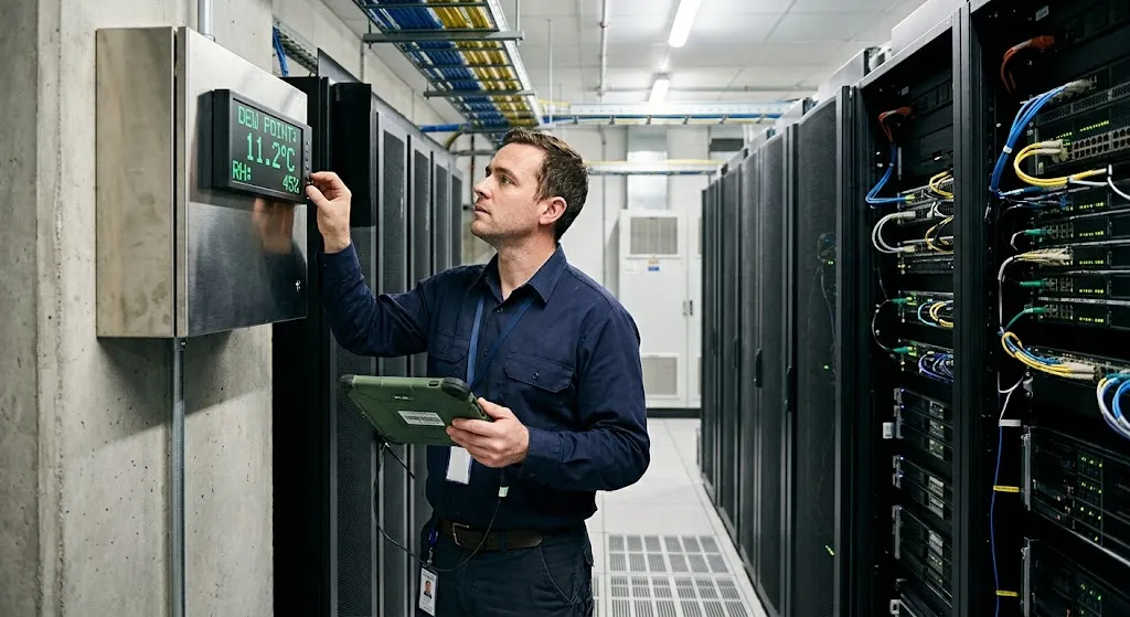 A data center technician checks a wall-mounted display reading dew point 11.2°C and relative humidity 45%, while holding a tablet next to server racks.