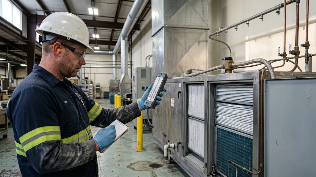 A technician in a hard hat and safety gear holds a handheld meter near an air handling unit's filter section while recording readings on a clipboard inside an industrial facility.