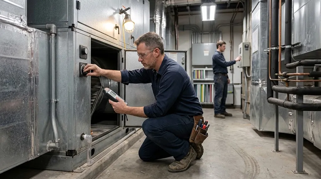 Two HVAC technicians work in a mechanical room; one uses a handheld meter to check an air handling unit's interior while the other adjusts a wall-mounted control panel.
