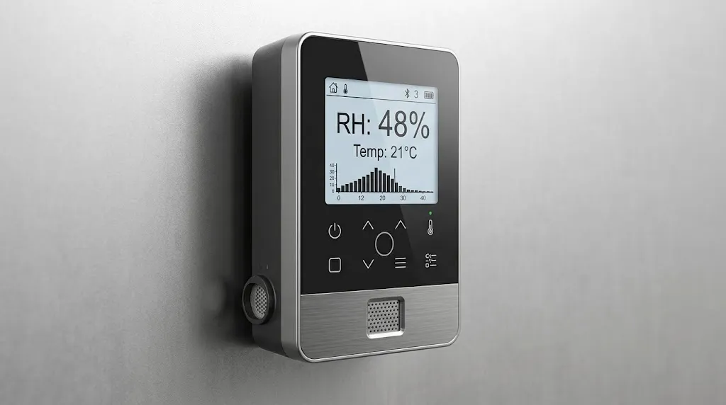A digital hygrometer displaying 48% relative humidity.