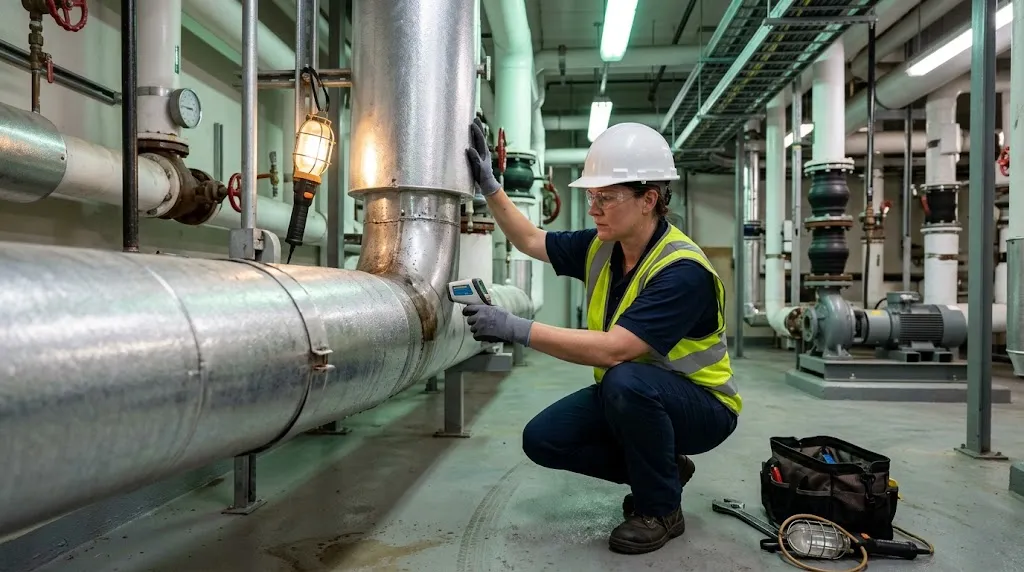 A technician measuring pipe surface temperature with an infrared thermometer.