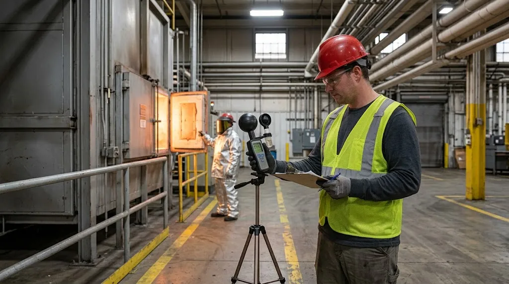 Technician measuring WBGT near an industrial furnace.