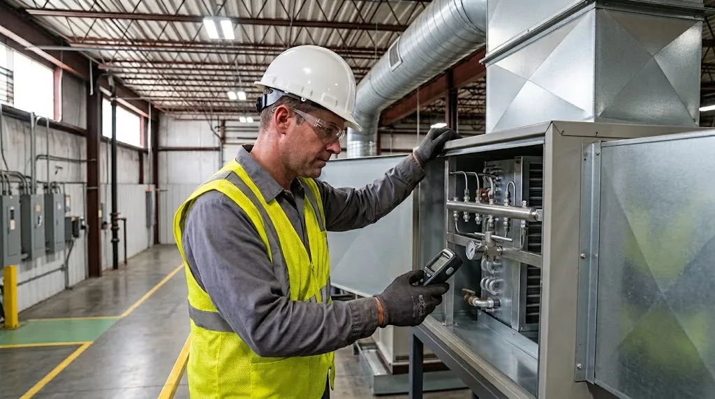 Technician taking a reading at an open air handling unit.