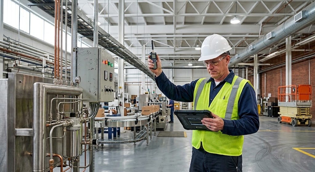Technician taking an ambient air reading on a manufacturing floor.
