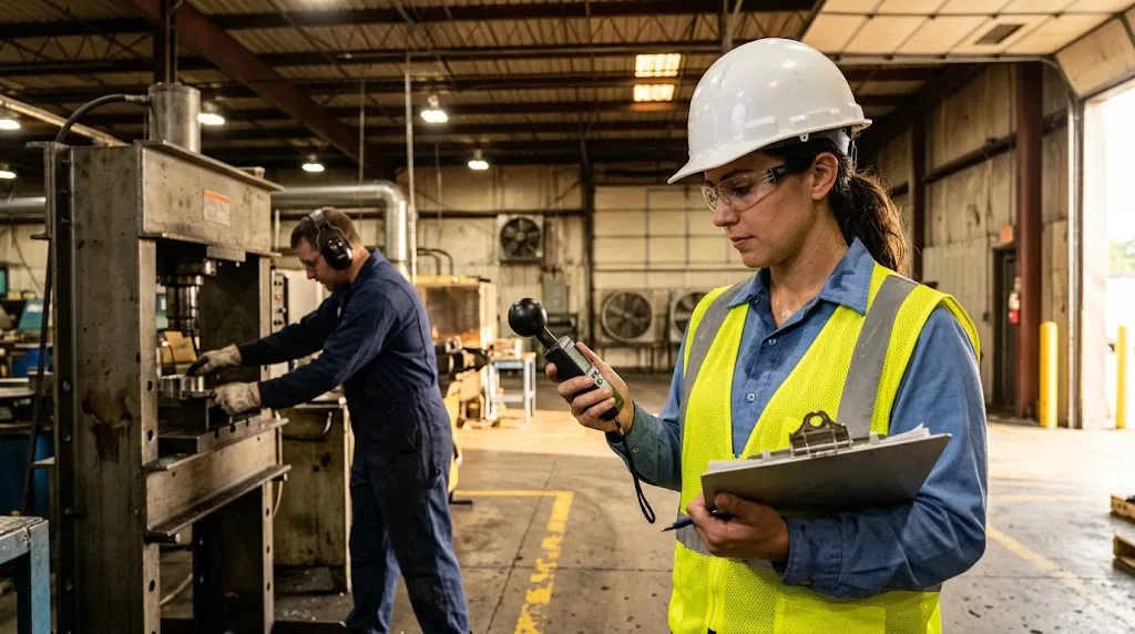 Safety officer measuring heat stress beside an industrial press.