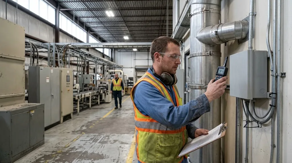 Worker taking an environmental reading on a manufacturing floor.