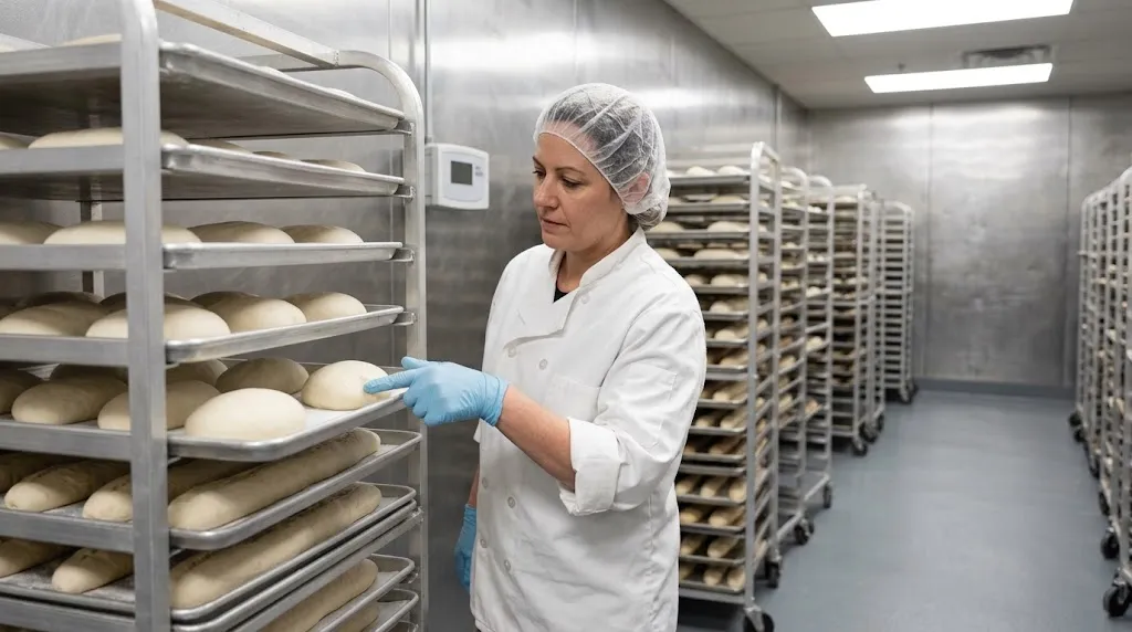 A baker in a hairnet and gloves checks shaped dough on a rolling sheet-pan rack inside a commercial bakery proof room lined with racks of proofing bread.
