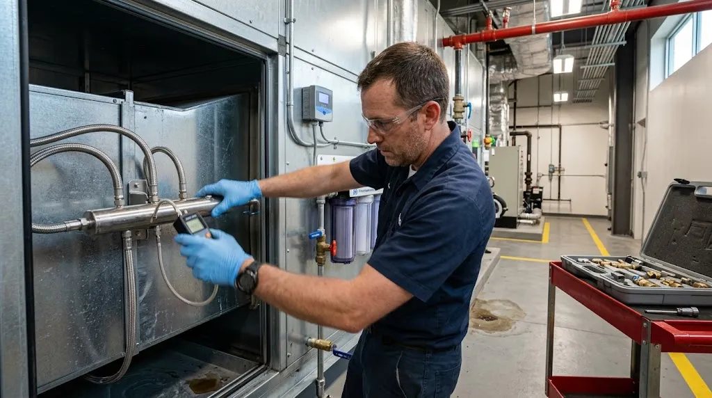 Technician servicing a humidification manifold inside an air handling unit.