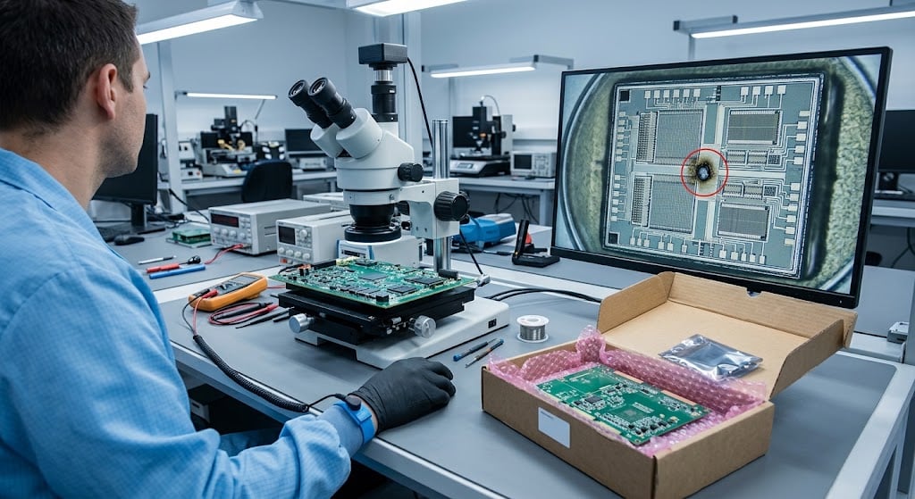 A failure analysis engineer finds a microscopic ESD burn spot on a chip from a field-returned circuit board under a high-magnification microscope.