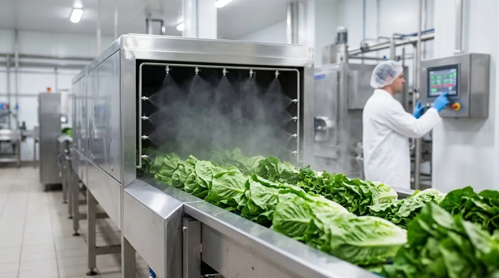 Fresh romaine lettuce moves on a conveyor through a stainless-steel tunnel where nozzles release a fine dry fog to sanitize produce and maintain humidity.
