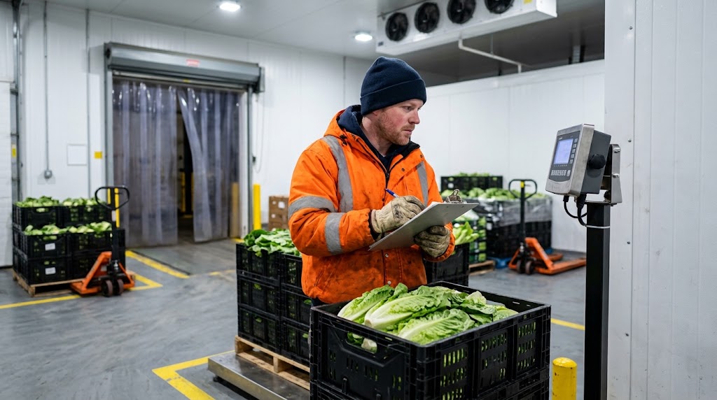 A receiving worker in an insulated hi-vis jacket records the weight of a pallet of crated romaine lettuce on a floor scale at a refrigerated produce distribution dock.