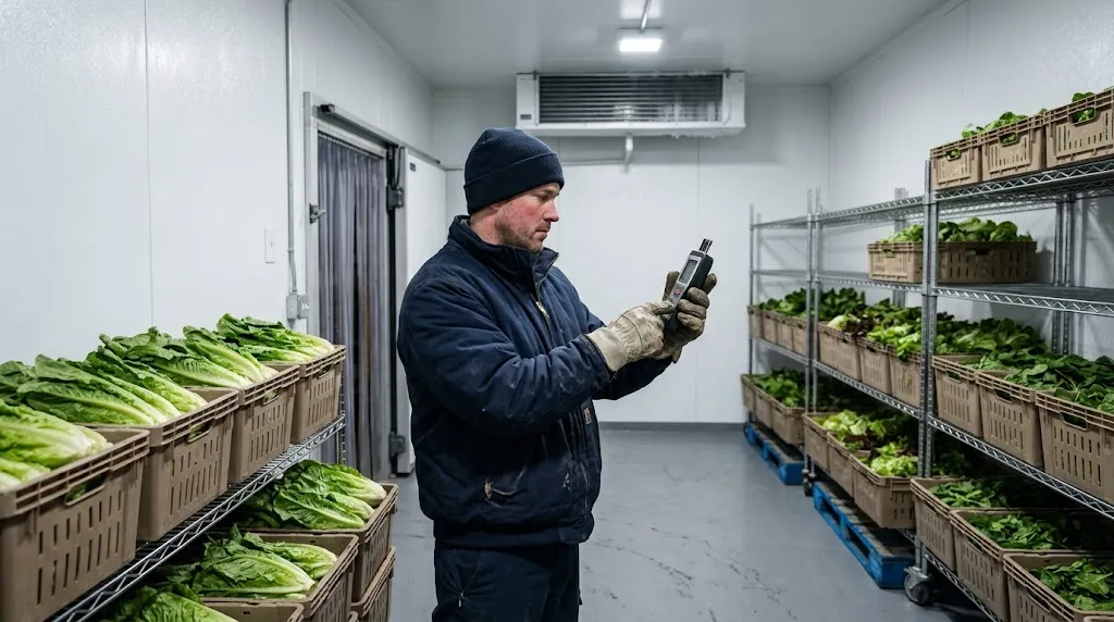 A cold storage worker in an insulated jacket, beanie, and gloves checks a handheld temperature and humidity meter in a produce cold room stocked with crates of leafy greens on wire shelving.