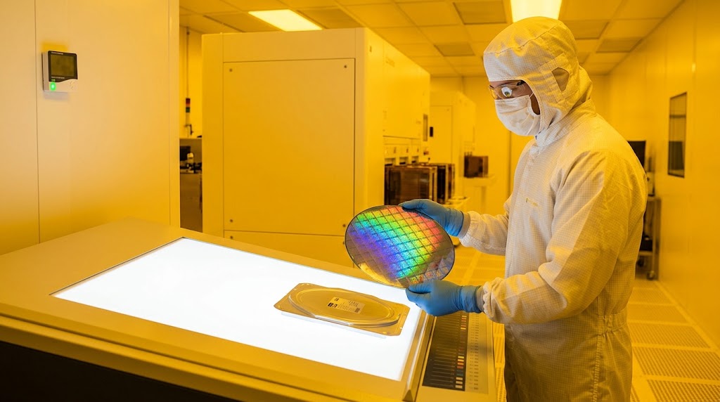 A cleanroom technician holds a silicon wafer in a yellow-lit semiconductor photolithography bay where humidity is tightly controlled.