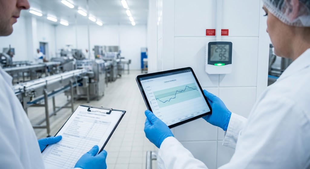 A food safety manager shows an auditor a continuous humidity monitoring log on a tablet beside a wall sensor in a dry, clean food processing facility.