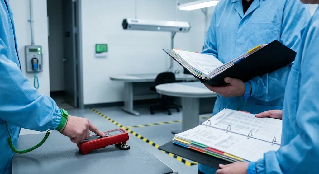 An ESD auditor measures workstation surface resistance while a quality engineer holds compliance records during an ANSI/ESD S20.20 certification audit.