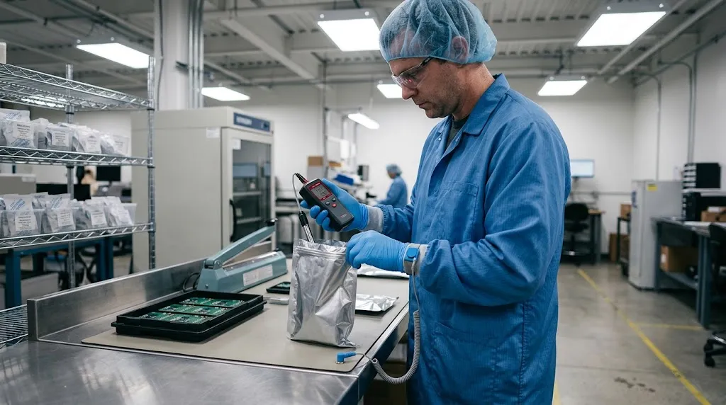 Technician measuring humidity inside a moisture-barrier bag at an electronics packing bench.