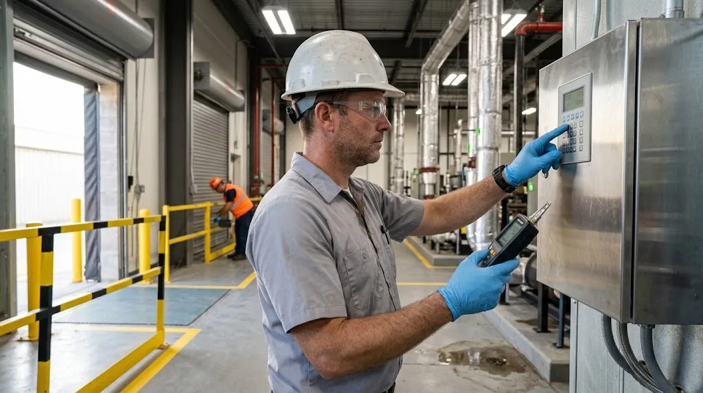 Technician checking a handheld meter against a facility controller.