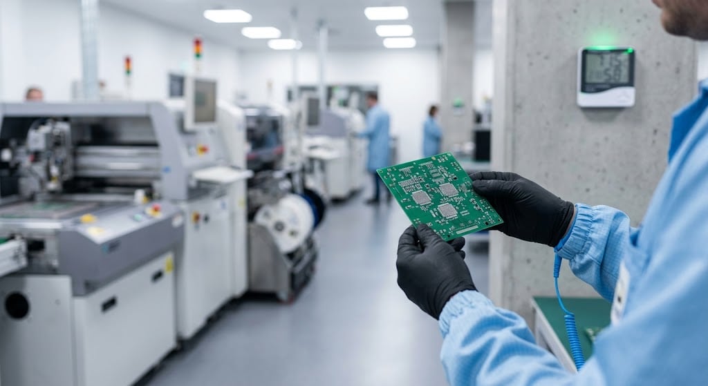 An ESD-protected technician inspects solder paste on a circuit board on an SMT line while a wall-mounted humidity monitor tracks room conditions.