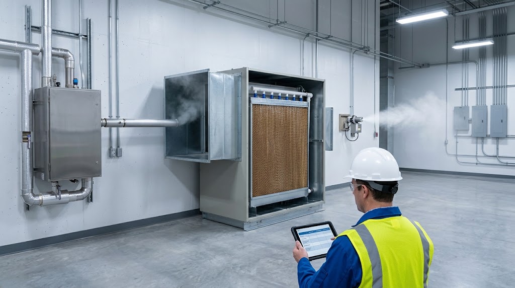 A facility engineer compares steam, evaporative, and dry fog industrial humidification systems side by side in a mechanical equipment room.