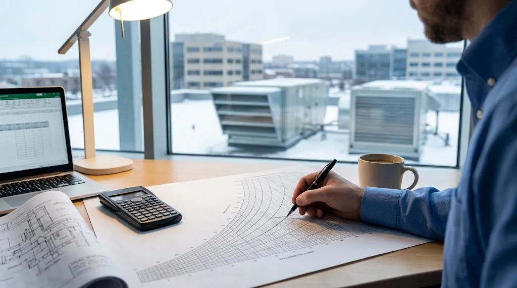 An HVAC engineer traces a psychrometric chart to calculate commercial humidifier load in pounds per hour, with snowy rooftop air handlers visible outside.