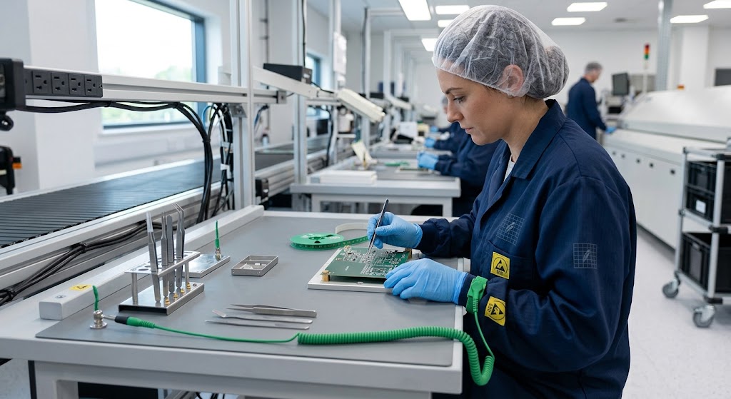 A technician in an ESD smock, hairnet, gloves, and grounded wrist cord uses tweezers to work on a printed circuit board at an ESD workbench, with a conveyor line and reflow oven in a clean electronics manufacturing facility.