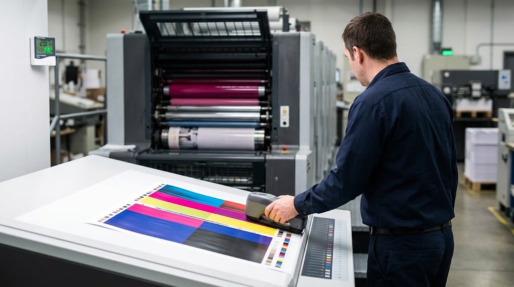 An offset press operator measures a printed color bar with a spectrodensitometer beside open ink and dampening rollers in a humidity-controlled pressroom.