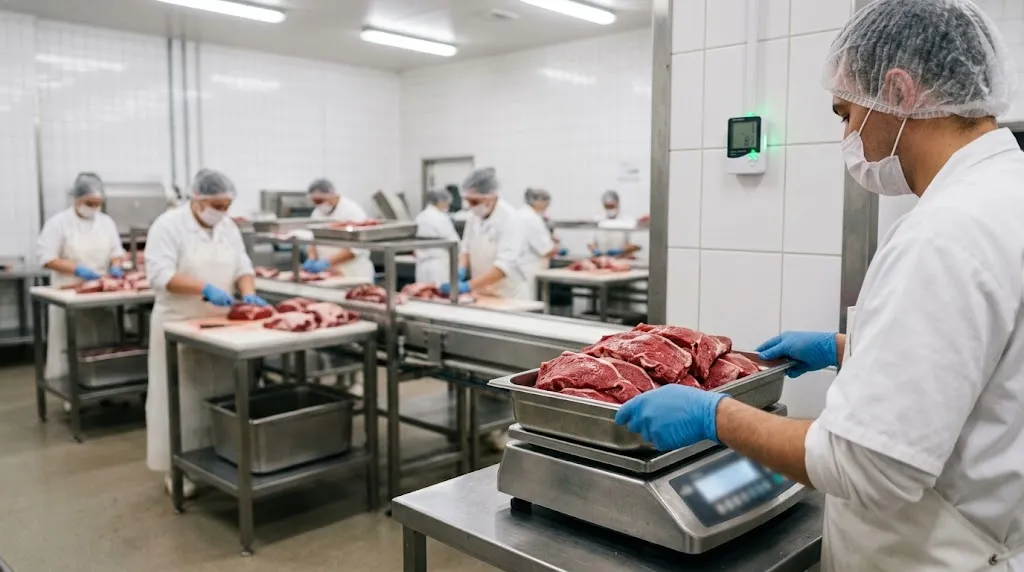 A quality control worker weighs fresh beef cuts on a digital scale to check yield in a humidity-controlled meat processing room.