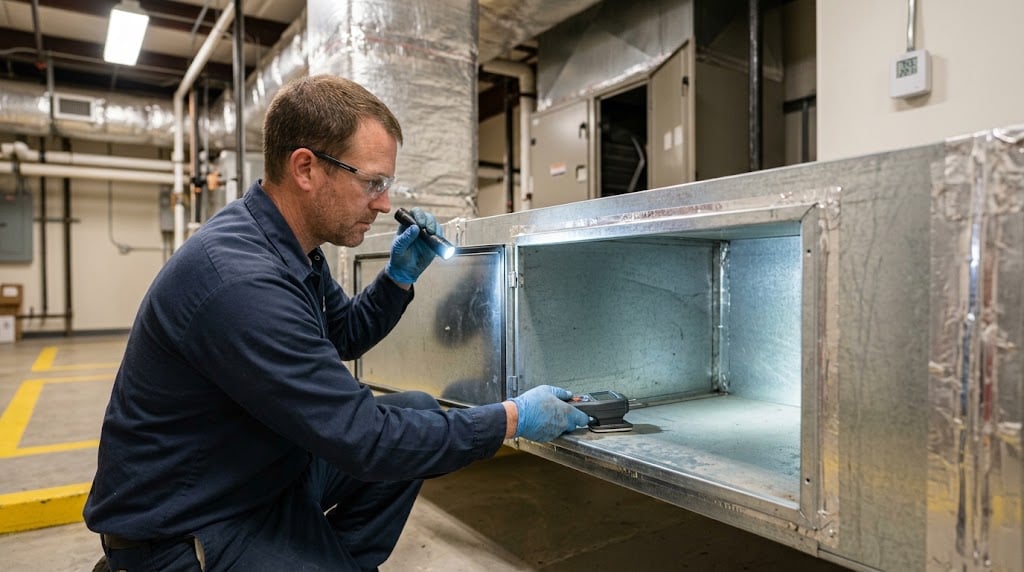 A facilities technician shines a flashlight into an open HVAC supply duct and checks the clean, dry interior with a surface moisture meter in a commercial mechanical room.