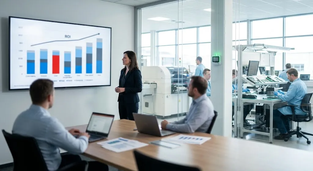 A quality manager presents the cost of ESD damage and ROI of prevention to colleagues in a conference room overlooking an electronics production floor.