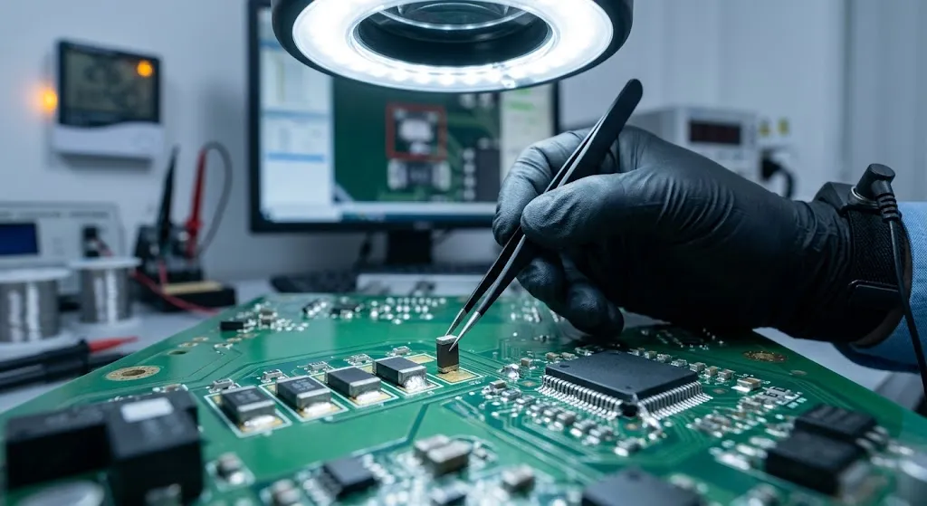 A process engineer uses ESD-safe tweezers to point out a tombstoned chip component and a solder bridge on a circuit board during a low-humidity defect investigation.