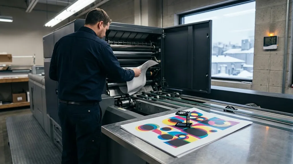 A technician clears a curled paper jam from a digital press in winter while a misregistered print with offset color halos sits on the output tray.