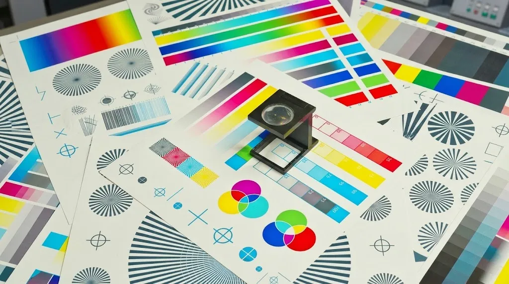 A printer’s loupe rests on flat press test sheets covered in CMYK color bars, tint scales, registration marks, and star targets, with a press control panel softly visible in the background.