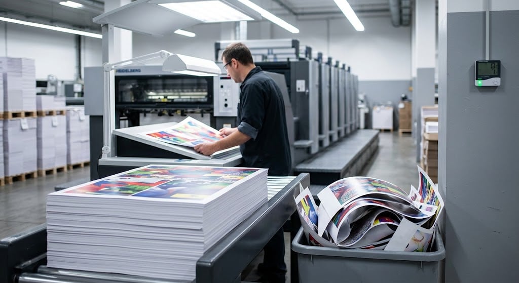 A press operator inspects a flat printed sheet from a sheetfed offset press while curled, spoiled sheets fill a waste bin nearby in a humidity-controlled pressroom.