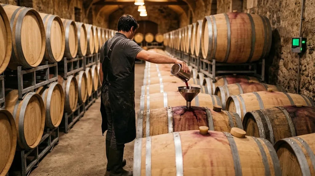 A cellar worker tops up an oak wine barrel to replace evaporation losses in a humidity-controlled commercial barrel room with new and used barrels.