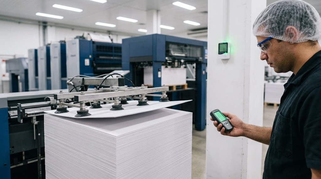 A press technician checks humidity at press height beside a sheetfed feeder as sheets separate cleanly one at a time without static.