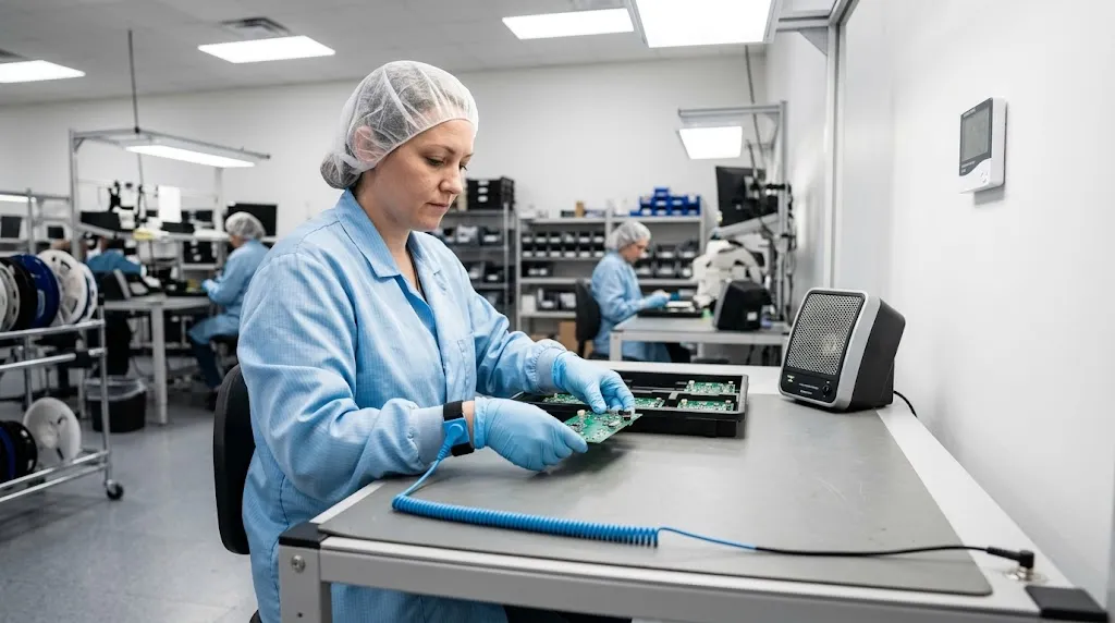 Grounded technician at an ESD workstation with an ionizer and humidity monitor.