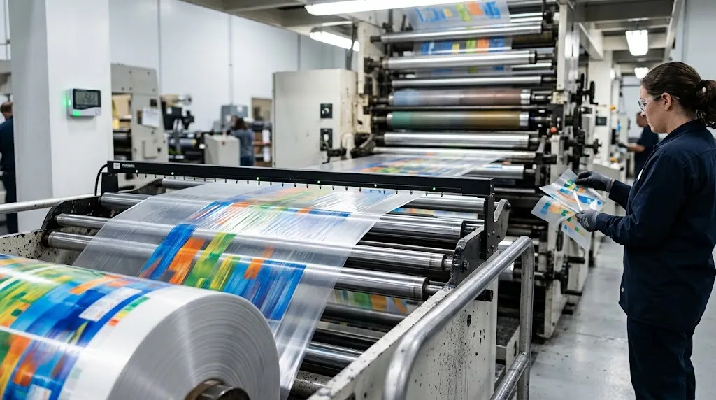 An ionizer bar neutralizes static on clear plastic film running through a flexo press as an operator separates clinging film sheets in a humidity-controlled pressroom.