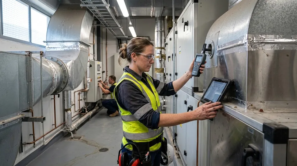 Technician measuring air conditions at an air handling unit.
